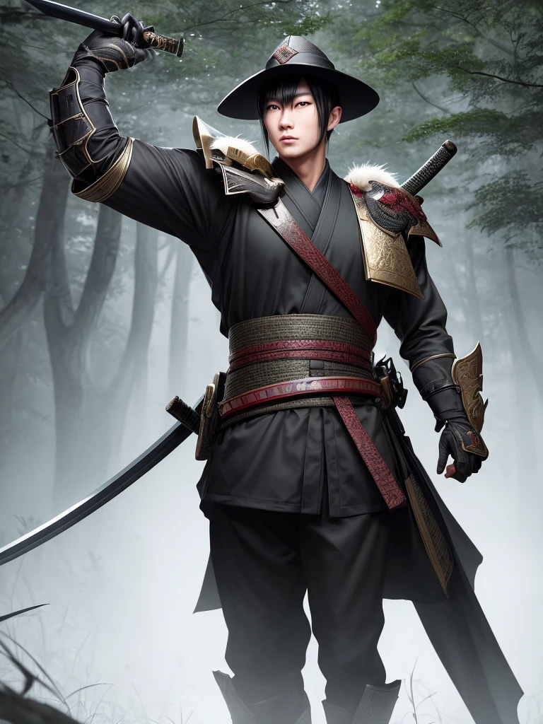 sward men portrait, wearing Asian hat, holding big black katana on shoulder, in a forest, full body, looking back (hyper detailed eyes, hyper detailed face), 16k, 8k, RAW photo, best quality, masterpiece, high detail RAW color photo, dramatic lighting, cinematic lighting, back light, professional lighting