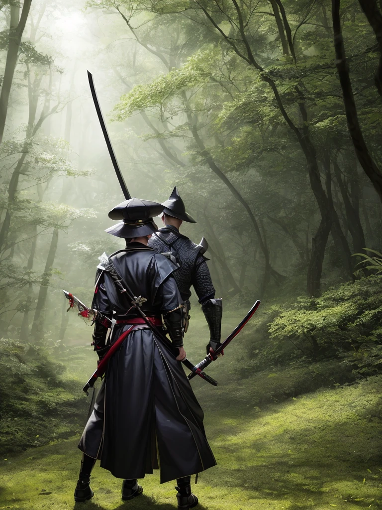 sward men portrait, wearing Asian hat, holding big black katana on shoulder, in a forest, full body, looking back (hyper detailed eyes, hyper detailed face), 16k, 8k, RAW photo, best quality, masterpiece, high detail RAW color photo, dramatic lighting, cinematic lighting, back light, professional lighting 