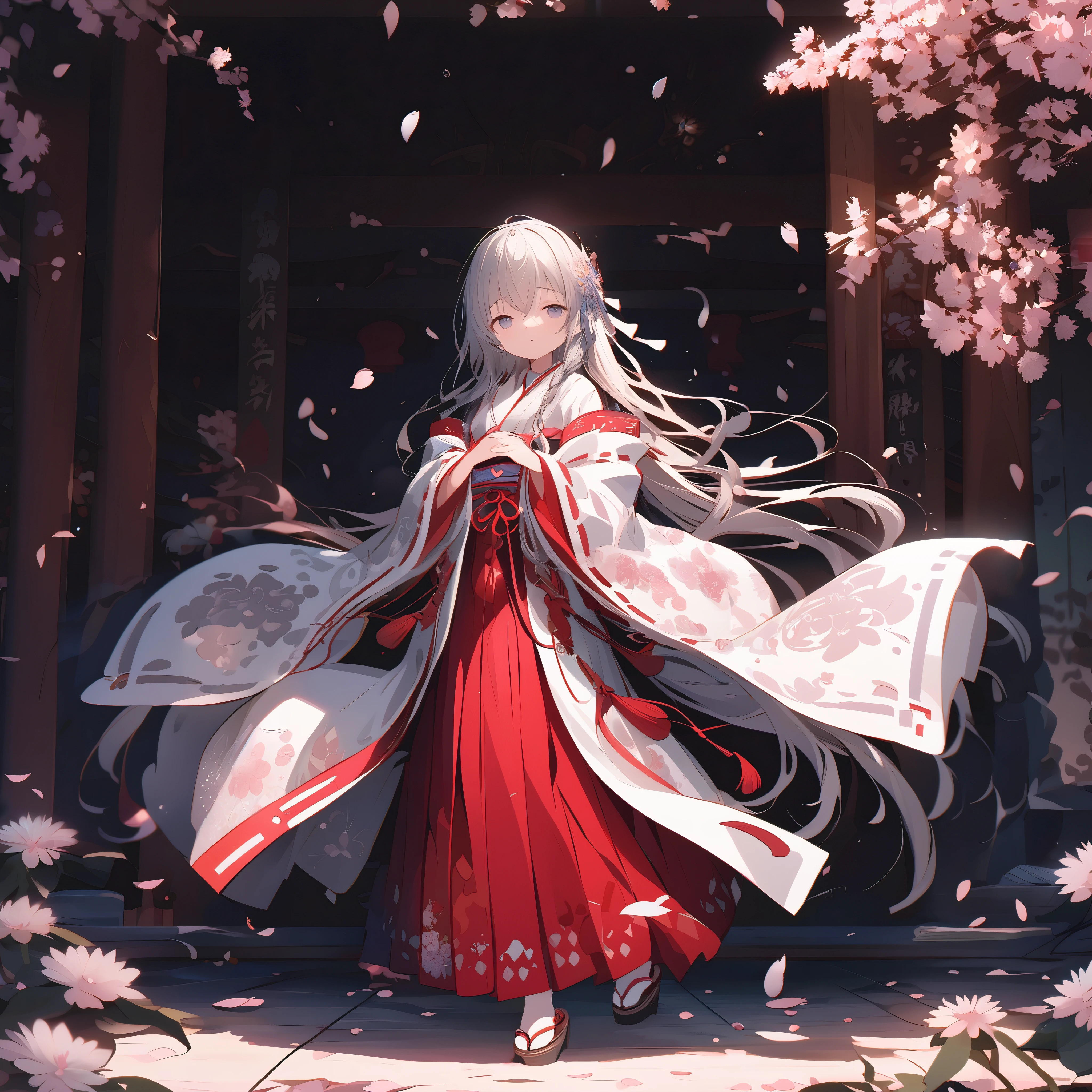 (full body), (solo), (A 7-year-old girl:1.2), (very young little girl), loli, (Solo), (small breast), (wide angle), raw photo, Aesthetic, Convoluted, Awarded, chiaroscuro, Best Quality, Detailed background, (Misty atmosphere:1.2), (hard rainy day:1.1),((Girl in very long shrine maiden:1.2)), detailxl, In the throes of a tempestuous night, the rain falls in torrents, painting the world in shades of silver and darkness. Amidst the deluge, a young girl appears, a figure of enchantment, her silhouette a stark contrast to the storm's fury. She is adorned in a Japanese shrine maiden costume, a miko-zukuri, that is an opulent display of elegance and tradition.

The miko-zukuri is a vision of grandeur, with the haori, an outer garment, extending its hem to the ground, flowing like a river of pristine white silk. The fabric is of the highest quality, its texture smooth and supple, caressing the contours of her form as she moves with the grace of a willow in the wind. The haori is embroidered with delicate motifs of cherry blossoms and chrysanthemums, symbols of spring and autumn, respectively, their petals intricately stitched with threads that glimmer with the subtlest hint of mother-of-pearl.

The hakama, a traditional skirt, is elongated to match the haori, its hem sweeping the ground with each step, creating a sound akin to rustling leaves. The hakama is a deep, rich crimson, the color of a heart's passion, and it is adorned with a brocade pattern that is a dance of light and shadow, the threads shimmering with a metallic sheen that catches the fleeting flashes of lightning.

Her hair is styled in a traditional manner, with a long, flowing braid that cascades down her back, secured with a white ribbon that is embroidered with delicate cherry blossoms. The ribbon flutters with each movement, a dance of its own, adding to the overall elegance of her appearance.

Around her waist, she wears an obi, a wide sash that is a tapestry of colors and patterns, its design