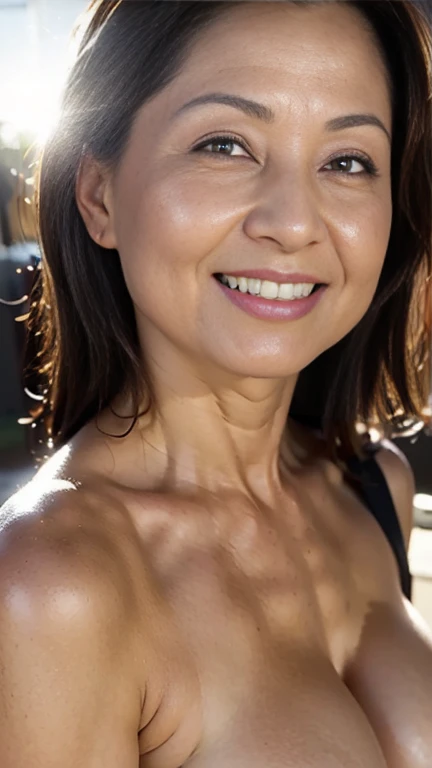 ((Highest quality)), ((8k)), ((masterpiece: 1.3)), (Perfect appearance), (Photorealism: 1.6), (JMA), (And), (Genuine:1.4), 1 Mature Woman, Perfect Anatomy, 60 years old, Medium Long Hair, (Small breasts), (Small breasts), (Flat Chest), (Non-firm breasts), (Completely naked), ((breast enhancement: 1.3)), (Bedroom with morning sun streaming in: 1.2),