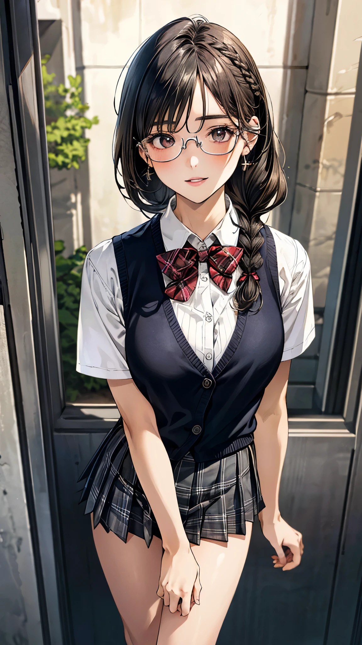 (masterpiece:1.3, top-quality, ultra high res, ultra detailed), (realistic, photorealistic:1.4), beautiful illustration, perfect lighting, natural lighting, colorful, depth of fields, surrealism, 
beautiful detailed hair, beautiful detailed face, beautiful detailed eyes, beautiful clavicle, beautiful body, beautiful chest, beautiful thigh, beautiful legs, beautiful fingers, shiny skin, 
looking at viewer, 1 girl, japanese, high school girl, (perfect anatomy, anatomically correct, super detailed skin), cute and symmetrical face, babyface, perfect face, perfect eyes, 
(middle hair, twin braid, black hair), parted bangs, brown eyes, big eyes, drooping eyes, round glasses, long eyelashes, (medium breasts, seductive thighs), slender, outstanding style, 
((detailed cloth texture, break,break, white collared shirt, break,break, light brown knit vest, break,break, grey plaid pleated skirt, break,break, red bow tie), break,break, white socks, black loafer), 
(beautiful scenery), evening, (park), standing, (arms behind back), (lovely smile, parted lips),