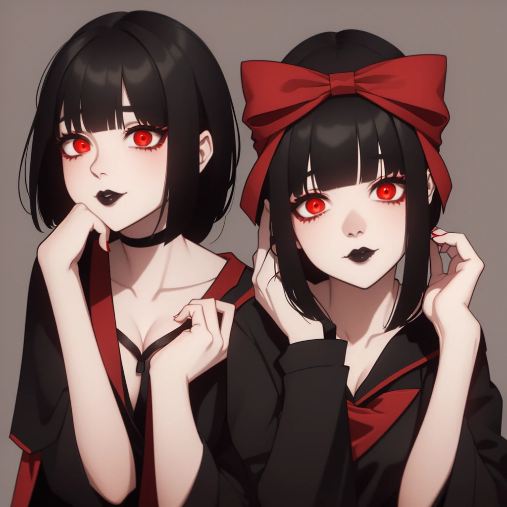(1 girl) yandere, short black hair, with bangs, red bow on each side of the hair, blouse with strap draped over the shoulder, hands on face, hands on cheeks, Red eyes, Black lipstick on lips