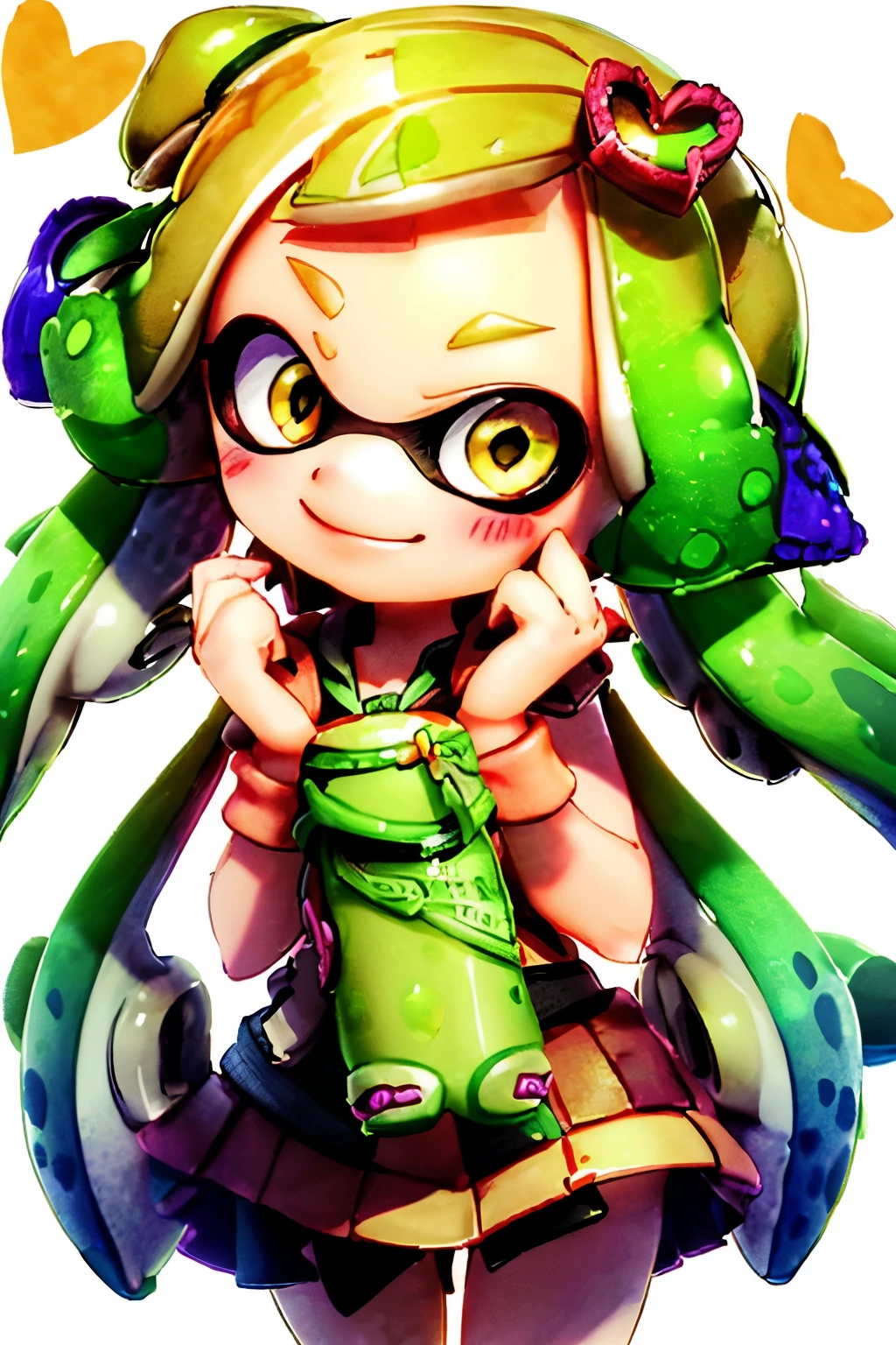 ((Two Splatoon Girls)), throw, smile, Improve, Golden Eyes、blush、A slightly thinner face、Real Anime、3d、
Heart Hands, 
 