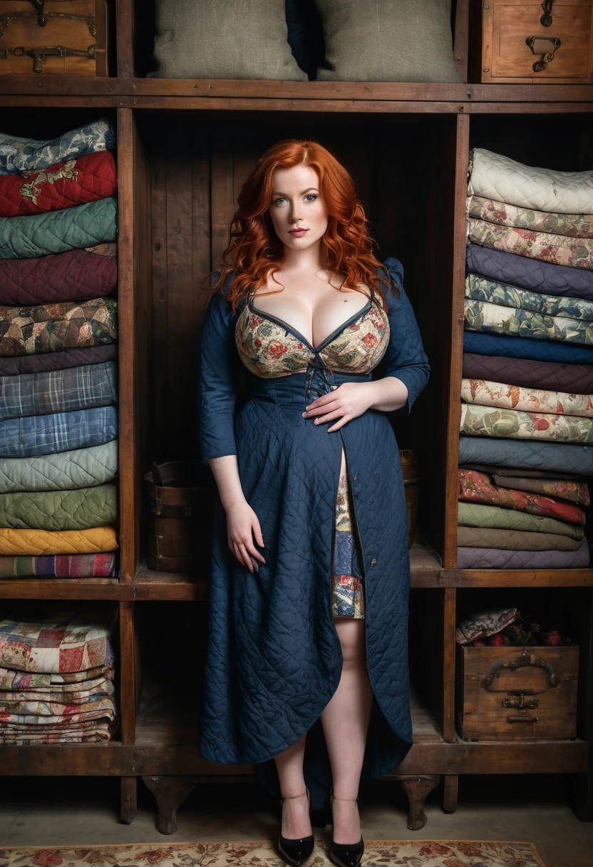 Full body shot of a beautiful redhead with a curvy body and full medium breasts. Louise Robey from Friday the 13th:The Series. Wearing a skimpy 17 century style dress with high heels. Inside of Curious Goods antique shop vault holding a cursed antique quilt