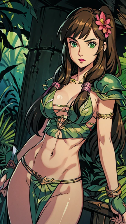 (1girl, Flora_DG, GarkEst), (extremely detailed CG unit 8k wallpaper),(master part), (best quality), (ultra detail), (best illustration),(melhor ombre), cowboy shot, (Sharp eyeliner, ombre, detailed eyes:1), dark prehistoric background,break , (ghibli style), upper body, brown hair,long hair, green eyes, hair ornament, makeup, twintails, long hair, hair flower, lipstick,
armlet, armor,bracelet, fingerless gloves, jewelry,shoulder armor, tribal