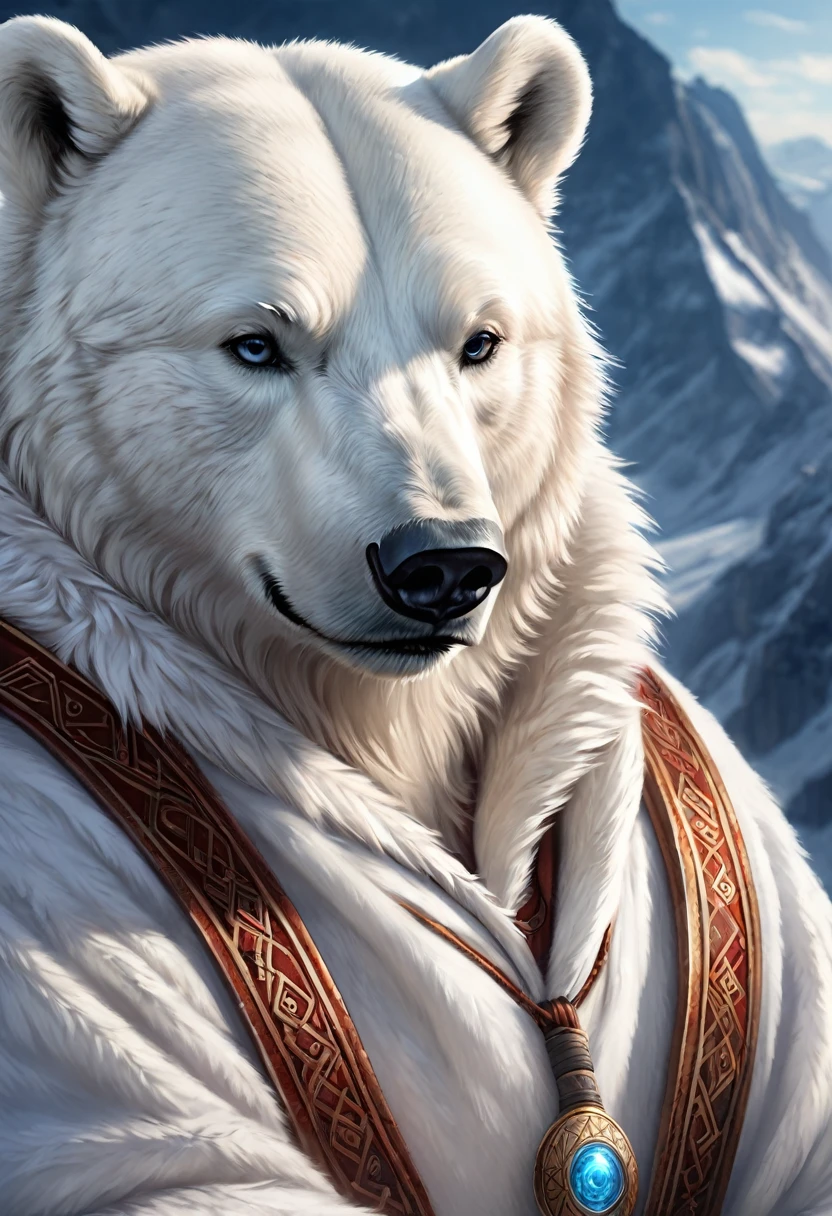 Anthropomorphic Polar Bear Mage. Official Art – An Award-Winning Digital Masterpiece In 4K Ultra HD, Extreme Detail And Intricate Realism. Symmetrical Face. This Concept Art Brought To Life By The Hands Of Artists Like Wlop & Artgerm In A Stunning 2D Vector Illustration.Background Is A Panoramic Vista.