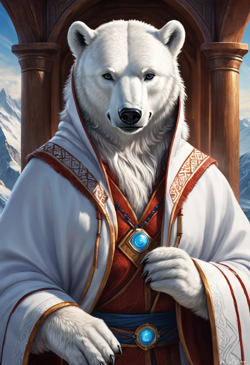 Anthropomorphic Polar Bear Mage. Official Art – An Award-Winning Digital Masterpiece In 4K Ultra HD, Extreme Detail And Intricate Realism. Symmetrical Face. This Concept Art Brought To Life By The Hands Of Artists Like Wlop & Artgerm In A Stunning 2D Vector Illustration.Background Is A Panoramic Vista.