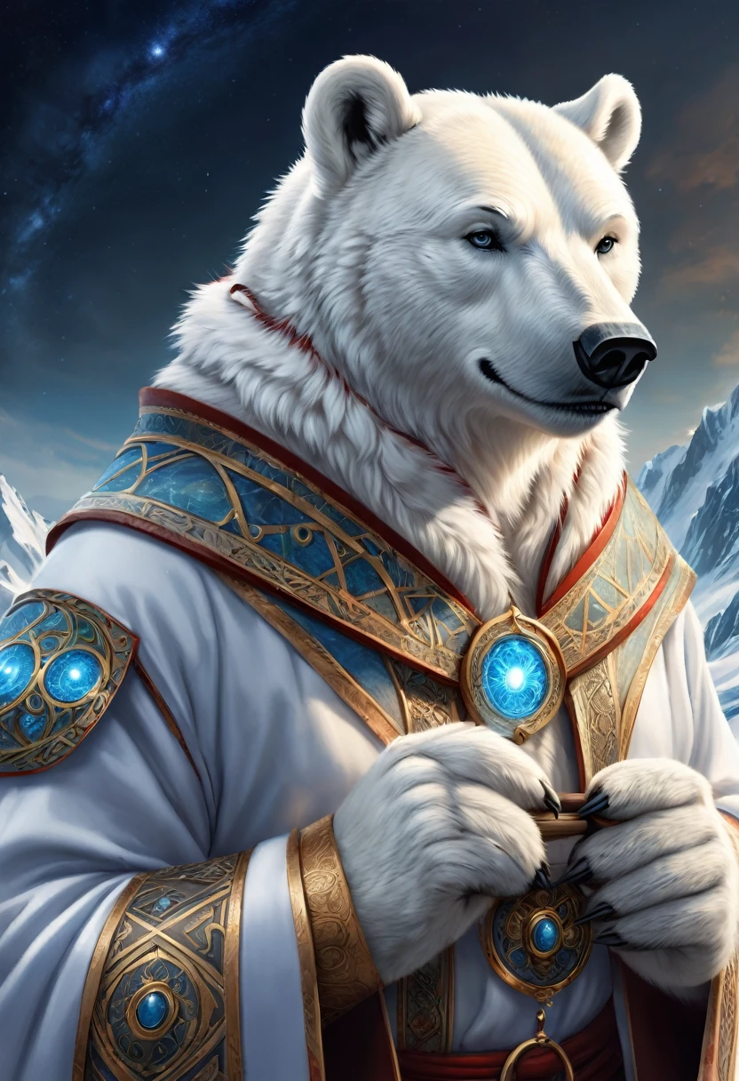 Anthropomorphic Polar Bear Mage. Official Art – An Award-Winning Digital Masterpiece In 4K Ultra HD, Extreme Detail And Intricate Realism. Symmetrical Face. This Concept Art Brought To Life By The Hands Of Artists Like Wlop & Artgerm In A Stunning 2D Vector Illustration.Background Is A Panoramic Vista.
