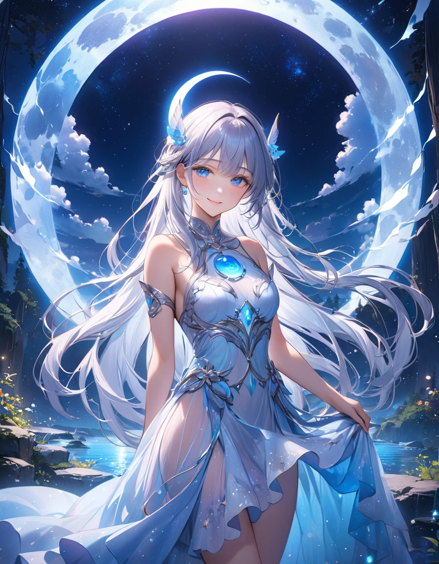 (masterpiece:1.2),(4k),high quality,(perfect anatomy),((arms behind side)),(1 girl),(goddess of the moon),Artemis,silver long hair,beautiful detailed blue eyes,a shy smile,look at viewer,(bioluminescent dress),Undeservedly beautiful,dreamy romantic,fantastic and dreamy theme,mysterious atmosphere,enchanting dream,fantastical scenes,Add a dramatic and symbolic element to your scene,(silver moon),(silver moon light)