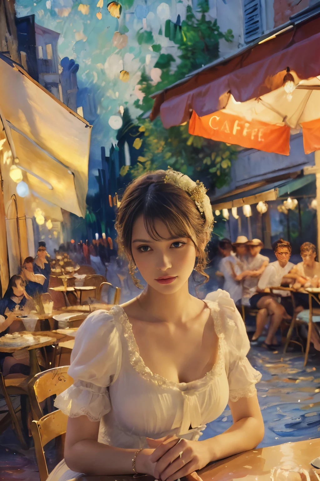 ((masterpiece:1.4, Highest quality)), (Realistic photos:1.4), (Artwork),
((1 girl)), (Otherworldly beauty), (dream-like), ((1 girl, Realistic photos)),
(超High resolution:1.2), Very delicate and beautiful, wonderful, Very detailed CG Unity 8k wall paper, Very detailed, High resolution,
Soft Light, Beautiful detailed girl, Very detailed eyes and face, Beautiful and detailed nose, Beautiful and detailed,
(Dressed in late 19th century French costume:1.3), (In front of the cafe at night:1.3),1 (Sitting:1.2),
Cinema Lighting, Perfect Anatomy, Slender body, (Parted bangs),
(The world of impressionist painting:1.5), (Impressionist light and colour), (「Cafe terrace at night」),
Cowboy Shot