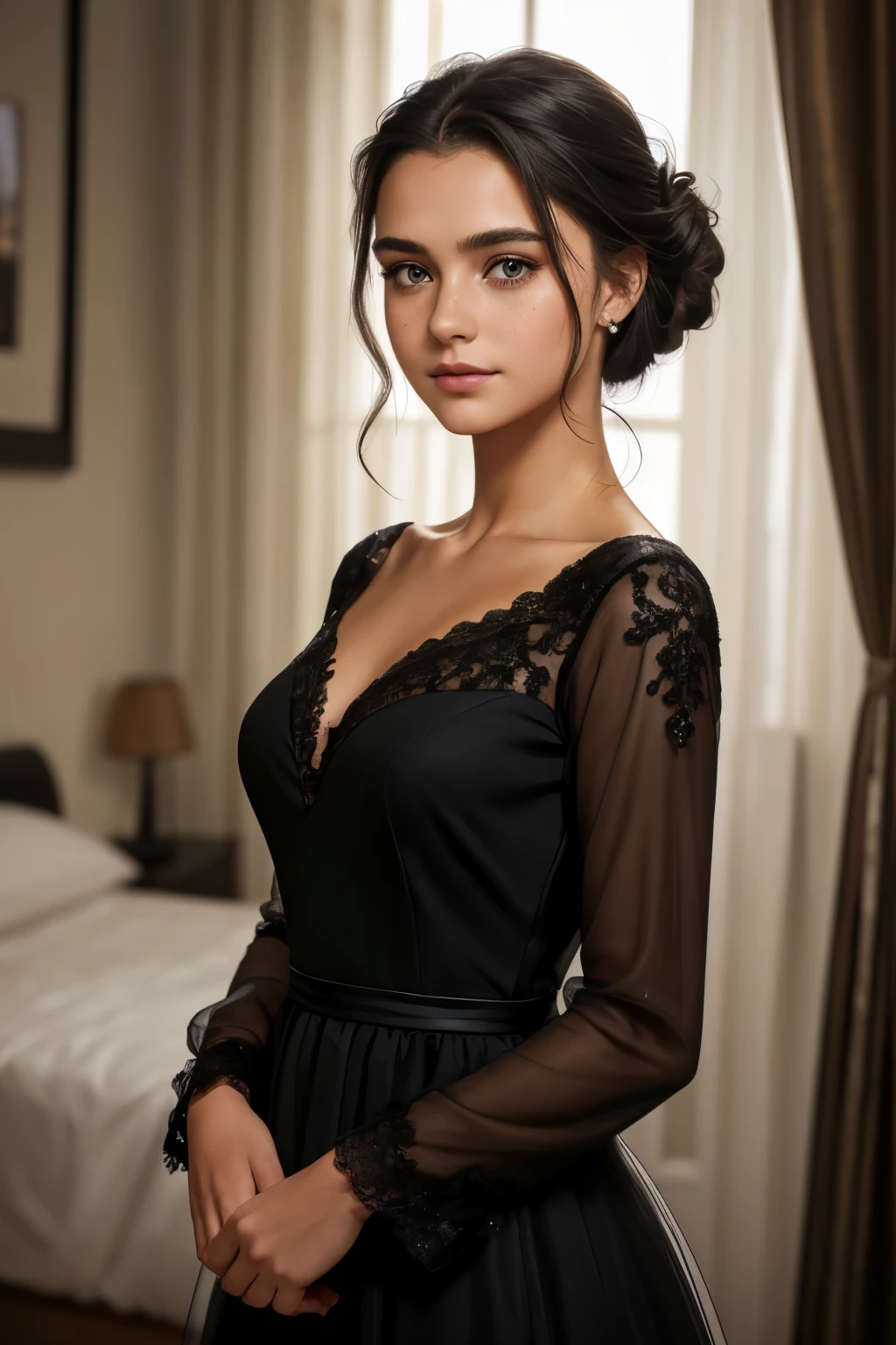 ((best quality)), ((masterpiece)), (detailed), beautiful  girl, perfect face, calm expression, soft expression, not fully smiling, (dark brown eyes), (black eyes), photorealistic, detailed long hair, perfect lighting, (young), delicate, gentle, feminine, she is wearing a beautiful dark green and black dipped dress with long sleeves and a black sheer over the dress, she is beautiful, she is calm, photorealistic image, long black hair, dark brown sheen, clear brown eyes, clear black eyes, light freckles across her cheeks, long wavy hair, long curly hair, updo hairstyle, black eyeshadow, black lipstick, full-body length image, realistic