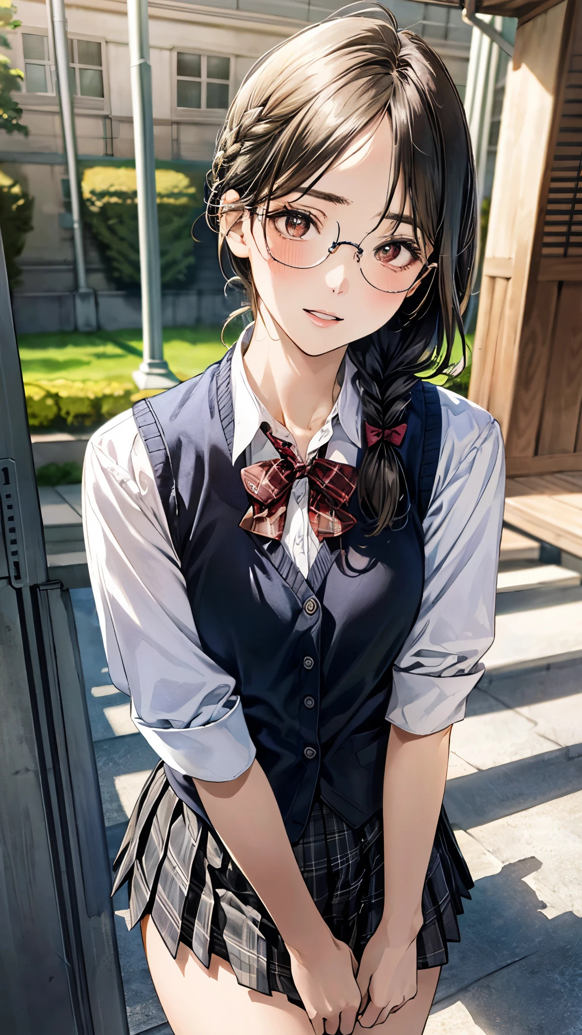 (masterpiece:1.3, top-quality, ultra high res, ultra detailed), (realistic, photorealistic:1.4), beautiful illustration, perfect lighting, natural lighting, colorful, depth of fields, surrealism,
beautiful detailed hair, beautiful detailed face, beautiful detailed eyes, beautiful clavicle, beautiful body, beautiful chest, beautiful thigh, beautiful legs, beautiful fingers, shiny skin,
looking at viewer, 1 girl, japanese, high school girl, (perfect anatomy, anatomically correct, super detailed skin), cute and symmetrical face, babyface, perfect face, perfect eyes,
(middle hair, twin braid, black hair), parted bangs, brown eyes, big eyes, drooping eyes, round glasses, long eyelashes, (medium breasts, seductive thighs), slender, outstanding style,
((detailed cloth texture, break,break, white collared shirt, break,break, light brown knit vest, break,break, grey plaid pleated skirt, break,break, red bow tie), break,break, white socks, black loafer),
(beautiful scenery), evening, (park), standing, (arms behind back), (lovely smile, parted lips),
