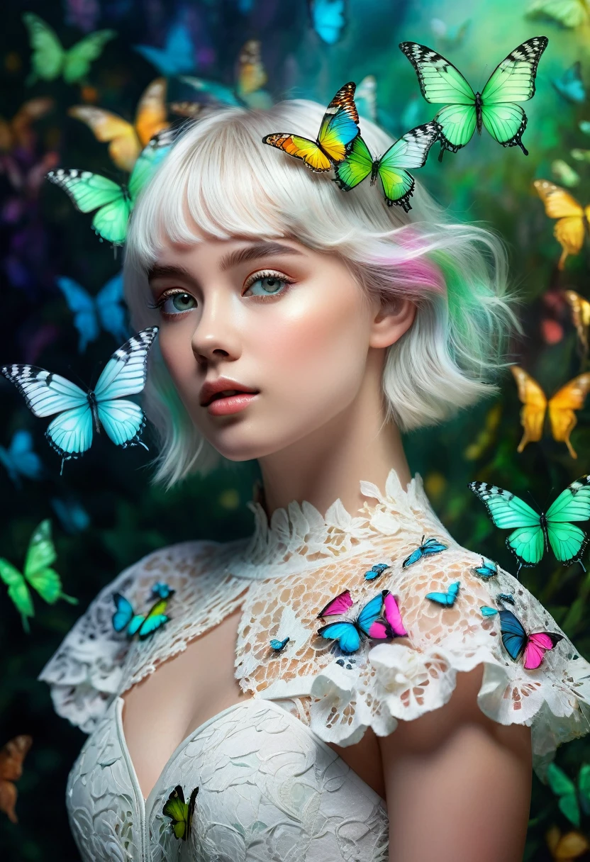 Fantasy  Ultra-high-resolution realistic photography.A portrait photograph of a girl painted in fantastical pale colors.(Pale, dreamy colors:1.5),The girl has beautiful short white hair and a green butterfly hair ornament on her head.With clear features, beautiful eyes and lips,Wonderful beautiful skin texture,My chest is a little big,Standing alone in a fantastical space wearing a gorgeous white lace dress,Shining and fantastic A background with lots of butterflies fluttering about,The girl is surrounded by beautiful butterflies with rainbow-colored holographic wings.Cowboy Shot,Ultra-realistic photography,High quality, (masterpiece, best quality, 4k, 8k:1.5),Ultra detail,Physically based rendering, Super Fine View,ultra-fine painting, dramatic lighting, fantasy worlds, professional photography, award-winning,Photos taken with the best cameras,