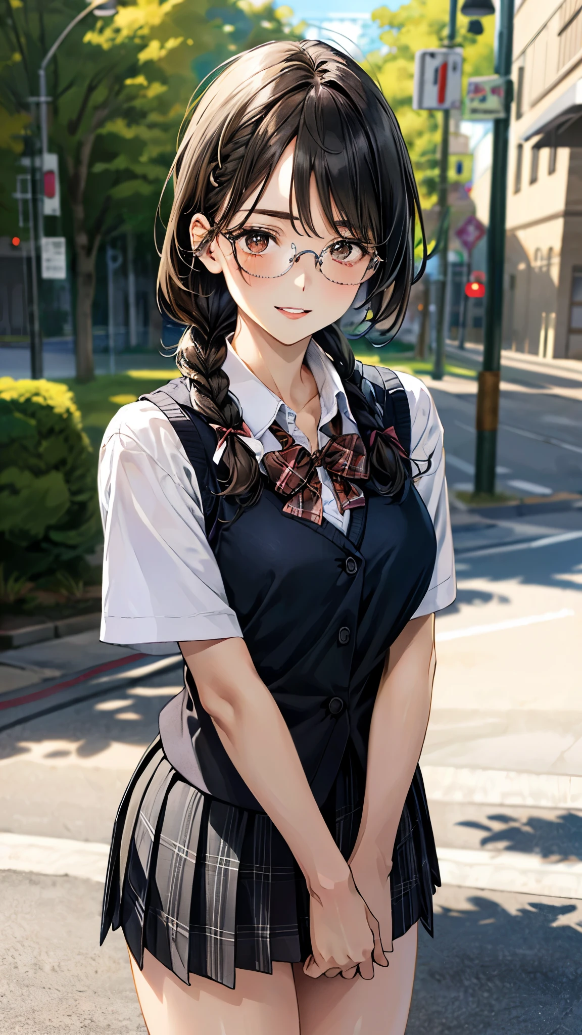 (masterpiece:1.3, top-quality, ultra high res, ultra detailed), (realistic, photorealistic:1.4), beautiful illustration, perfect lighting, natural lighting, colorful, depth of fields, surrealism,
beautiful detailed hair, beautiful detailed face, beautiful detailed eyes, beautiful clavicle, beautiful body, beautiful chest, beautiful thigh, beautiful legs, beautiful fingers, shiny skin,
looking at viewer, 1 girl, japanese, high school girl, (perfect anatomy, anatomically correct, super detailed skin), cute and symmetrical face, babyface, perfect face, perfect eyes,
(middle hair, twin braid, black hair), parted bangs, brown eyes, big eyes, drooping eyes, round glasses, long eyelashes, (medium breasts, seductive thighs), slender, outstanding style,
((detailed cloth texture, break,break, white collared shirt, break,break, light brown knit vest, break,break, grey plaid pleated skirt, break,break, red bow tie), break,break, white socks, black loafer),
(beautiful scenery), evening, (park), standing, (arms behind back), (lovely smile, parted lips),