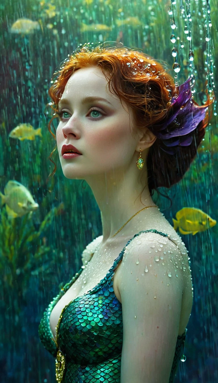 Victor Nizovtsev. Malene Laugesen. Mermaid. Pale  skin.  Pale mermaid. vintage. Siren. , art by melanie delon, victoria francés, jeremy mann, ken cushart, paranormal, muted colors, matte, mucha. Kuindzhi,  Odilon Redon, golden jewls and accessories, guillermo del toro, Jeremy Mann, Gustav Klimt, Mikhail Vrubel, Amedeo Modigliani, Henri Rousseau, eiko ojala, Ferdinand Hodler, miciangels), Detailed Textures, high quality, high resolution, high Accuracy, realism, color correction, Proper lighting settings, harmonious composition, Behance works,sad, Witold Pruszkowski, Kuindzhi, highly detailed oil painting, , full  coverage body, rpg armor,   flawless, shallow depth of field, raindrops, dusk,  , fine layered,in the style of Dragan Bibin,  Pino Daeni, miciangels, emerald green, garnet red, amethyst purple, citrine yellow, sapphire blue, incandescence dimmed , tranquil shadow dream  fluctuation,
,electronics  of evening glow,  decorous  technique 
, lunate, naturelle, sacred space of calm and