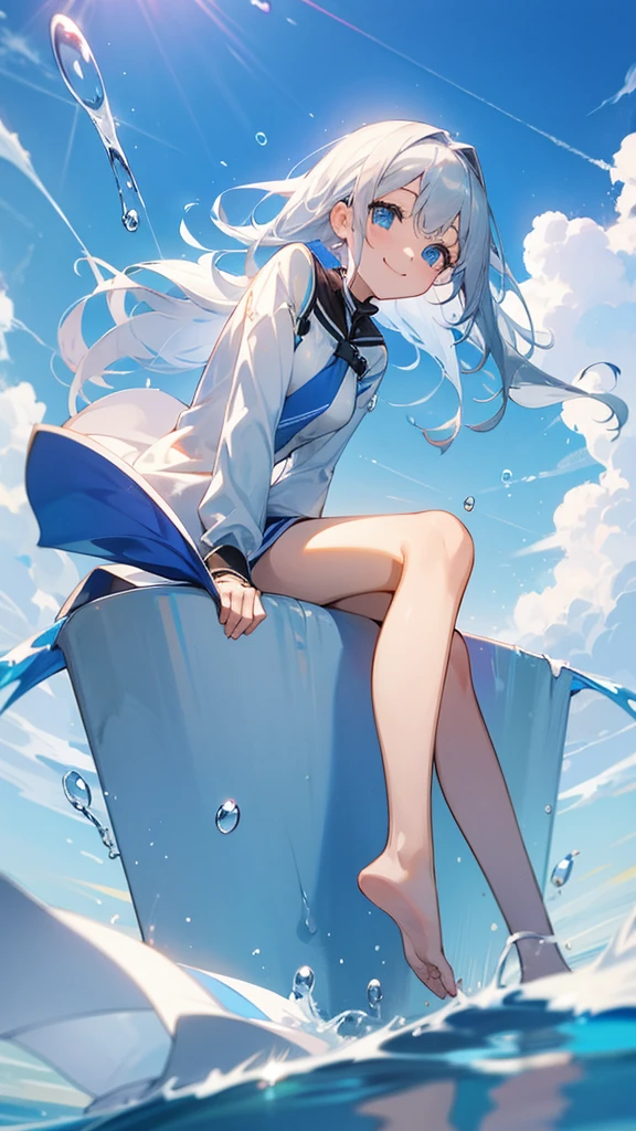 1 girl,Sitting,Blue Eyes,Silver Hair,Clear skies,Air bubbles,Splash,Looking at the camera,White clothes,Smiling