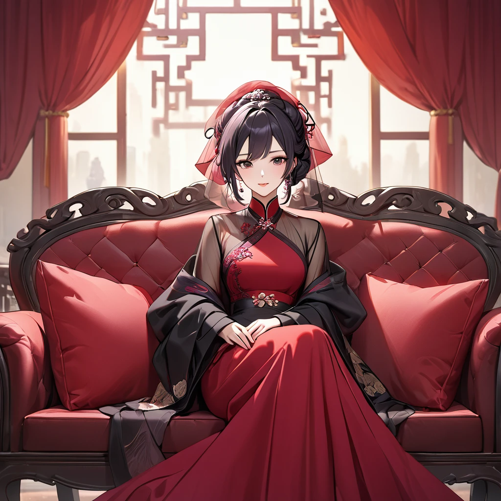 ((Highest quality)), ((masterpiece)), (detailed), （Perfect Face）、The woman is a Chinese woman named Kocho Shinobu.。, Purple gradient bob black hair and formal evening hairstyles. She is wearing an engagement ring. She is a prominent member of the Chinese Communist Party.、She is the wife of a great old Communist Party official.、The woman is beautifully dressed in a gorgeous, see-through red dress and a see-through red veil, typical of the Chinese Communist Party.、A poised and elegant Chinese lady sitting on a plush sofa in a luxurious room