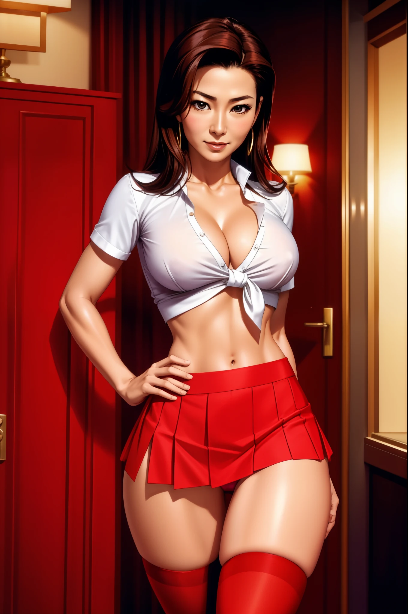 young Michelle Yeoh, cleavage, tied shirt, midriff, flashing red panties, short skirt, stockings
