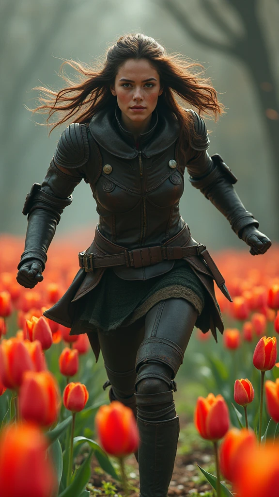 fantasy, dark fantasy, woman warrior, Leather armor, runs quickly through a field of tulips, detailed, profile shot, full body shot, disheveled hair from running