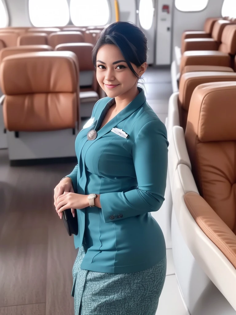 1girl, solo, 19 years old, standing in the middle of a large airport, thick medium breasts, semi-curvy body, smooth realistic skin, cute little smirk, wearing flight attendant uniform, looking at the audience, (overhead shot:1.2), (zoom out:1.4), (8k, RAW photo, best quality, masterpiece: 1.4), (realistic, realistic: 1.37), ultra-high resolution, cowboy shot