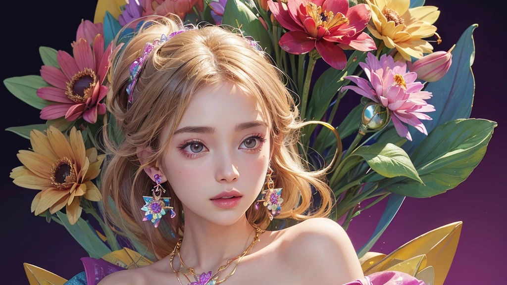 32K, 最高quality, 最高masterpiece, (ultra-Detailed Background, Detailed Background), High resolution, Super detailed, Very detailedな, One girl, (bouquet:1.3), (Tangled:1.2), (Geometric:1.2),(colorful),(masterpiece, quality, best quality, Official Art, Beautiful and beautiful:1.2), (1 girl:1.3), Very detailed,(colorful:1.1)(Flowers:1.3),Most detailed,(Tangled:1.2), whole body, (Abstract background:1.3), (Skin glows), (Many colors:1.4), ,(Earrings Jewelry:1.5), Gradient pink background,