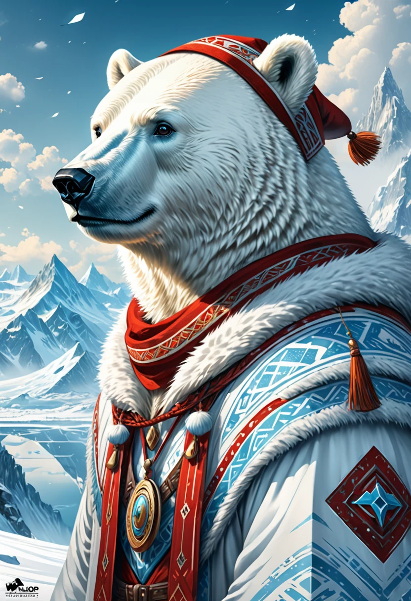 Anthropomorphic Polar Bear Mage. Official Art – An Award-Winning Digital Masterpiece In 4K Ultra HD, Extreme Detail And Intricate Realism. Symmetrical Face. This Concept Art Brought To Life By The Hands Of Artists Like Wlop & Artgerm In A Stunning 2D Vector Illustration.Background Is A Panoramic Vista.
