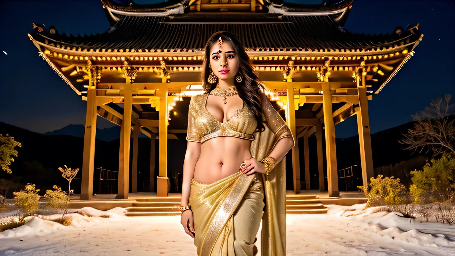 Beautiful Rajasthani woman posing, straight photoshoot pose, full body portrait, moonlit night, night time, winter, walking on forest path, detailed face, cute, big eyes, iconic, photorealistic, mountain temple, detailed background, big breasts, sexy thin saree, Golden jewelry,  long wavy hair, cleavage, symmetric face, masterpiece, 8k, ultra realistic