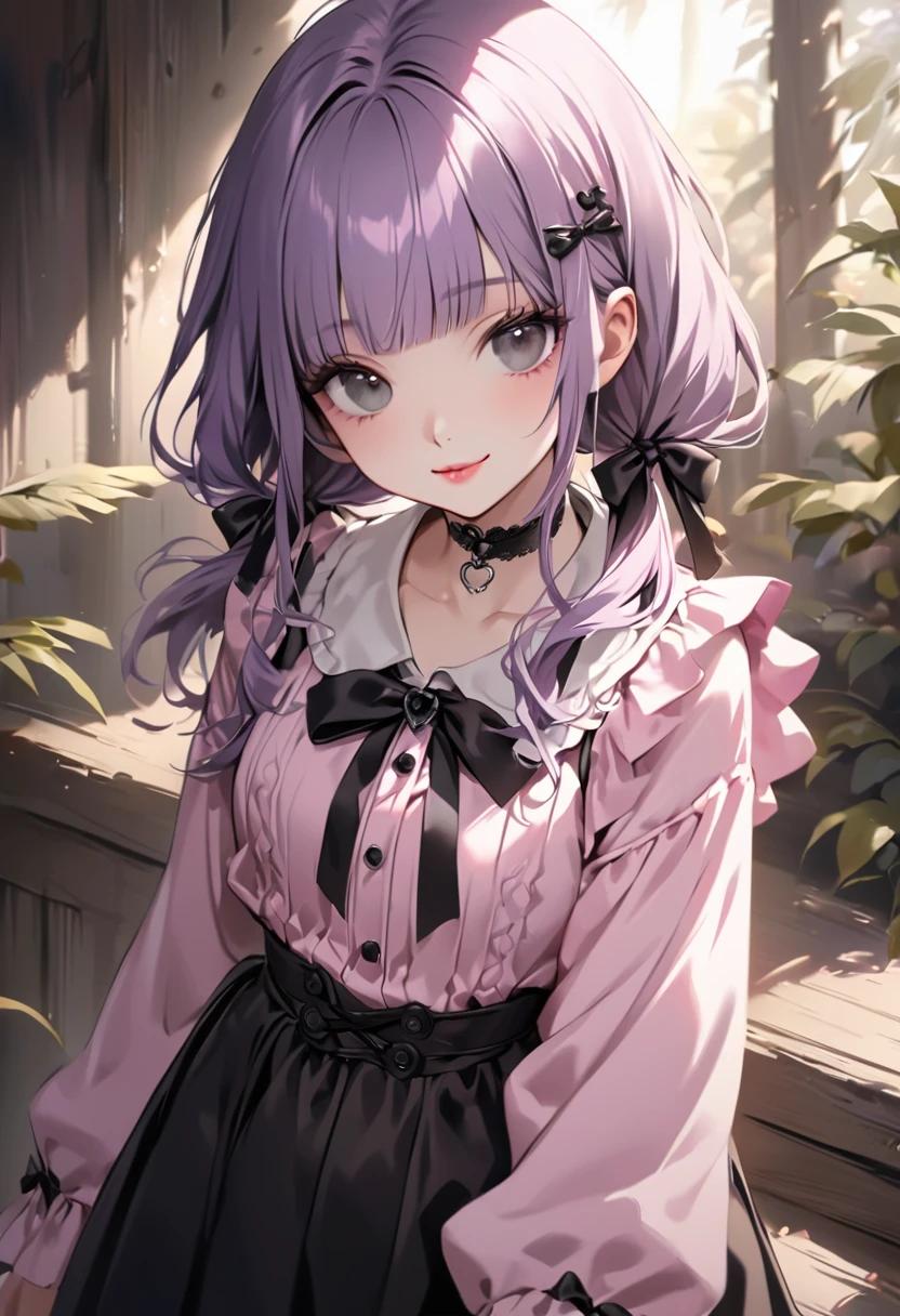  (Cute a girl:1.5), (a girl with closs hair pin, pale purple hair, low twintail, blunt bangs hair, green and black eyes, closs hair pin,pink lips,
pink shirt,cosplay, jirai kei, bangs, black skirt, black bow, looking at viewer, bow, long sleeves, choker, ribbon,smiling,
:1.4), anime visual, (tilt head:1.3), realistic lighting and shading,muted colors,soft focus, (an extremely delicate and beautiful art:1.3),