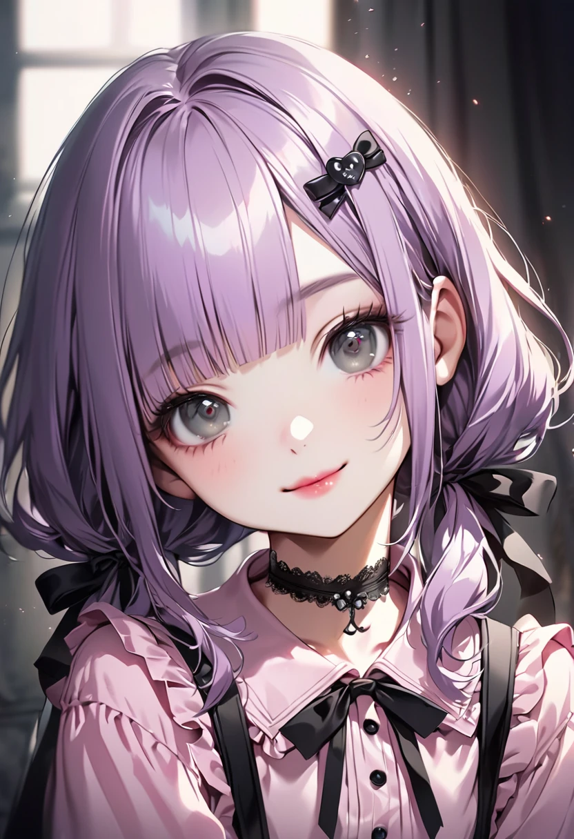  (Cute a girl:1.5), (a girl with closs hair pin, pale purple hair, low twintail, blunt bangs hair, green and black eyes, closs hair pin,pink lips,
pink shirt,cosplay, jirai kei, bangs, black skirt, black bow, looking at viewer, bow, long sleeves, choker, ribbon,smiling,
:1.4), anime visual, (tilt head:1.3), realistic lighting and shading,muted colors,soft focus, (an extremely delicate and beautiful art:1.3),