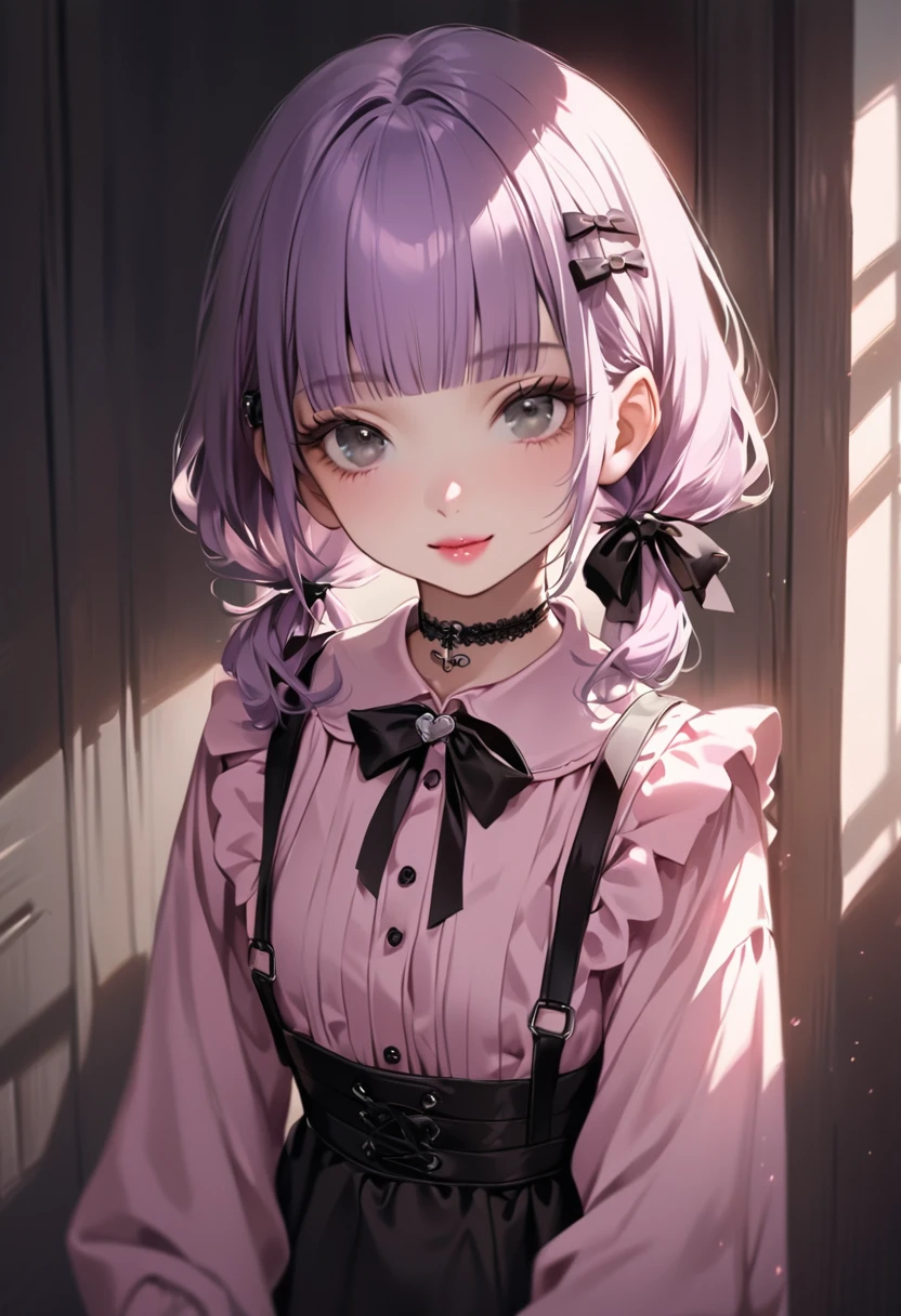 (Cute a girl:1.5), (a girl with closs hair pin, pale purple hair, low twintail, blunt bangs hair, green and black eyes, closs hair pin,pink lips,
pink shirt,cosplay, jirai kei, bangs, black skirt, black bow, looking at viewer, bow, long sleeves, choker, ribbon,smiling,
:1.4), anime visual, (tilt head:1.3), realistic lighting and shading,muted colors,soft focus, (an extremely delicate and beautiful art:1.3),