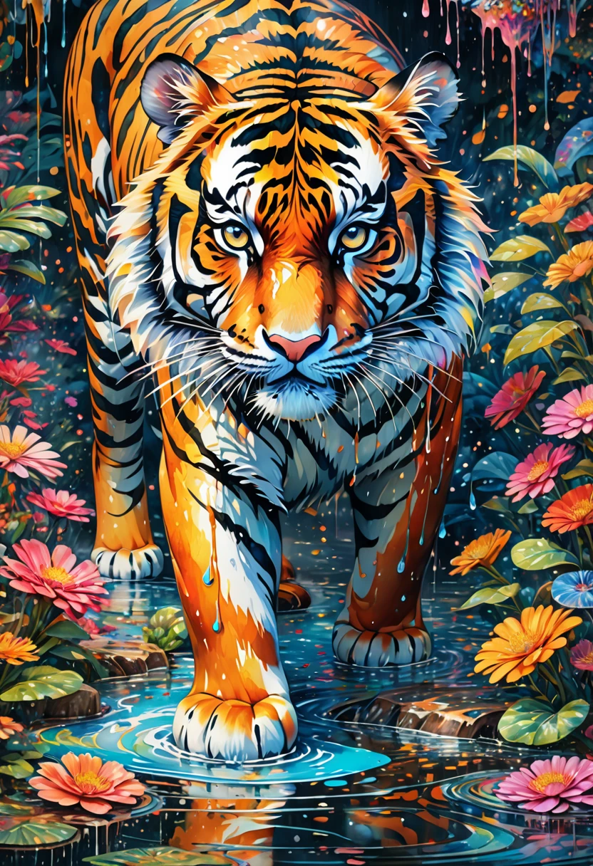 a tiger, Aquarell, Full body, 8k resolution Photorealistic masterpiece, elaborately detailed fluid painting, Acryl: colorful watercolor art, cinematic lighting, maximalist photoillustration, Concept art with 8K resolution and intricate details, complex, elegant, expansiv, fantastic, psychedelic realism, dripping paint