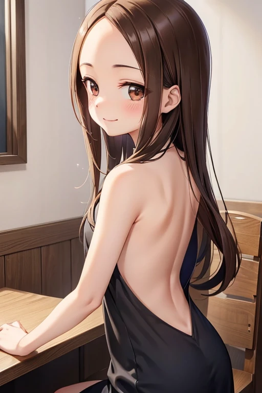 Takagi-san、Shiny brown hair, Long Hair,((Medium chest、Forehead、Center part))、 Beautiful brown eyes、smile、Sparkling eyes, (fine grain)、Very fine eye、Very detailedな顔, Very detailedな目, Cowboy Shot、 

Browsing Caution, Very detailed, girl 、cute, alone, Midnight, Beautifully detailed skies, Detailed Cafe, Sitting, (blush), (smile: 1.15), (Mouth closed), Beautiful Eyes, Floating Hair NovaFrogStyle, Chic black camisole dress with an open back、Beautiful clavicle、I see your shoulders、((Turn around and look this way, From the back))