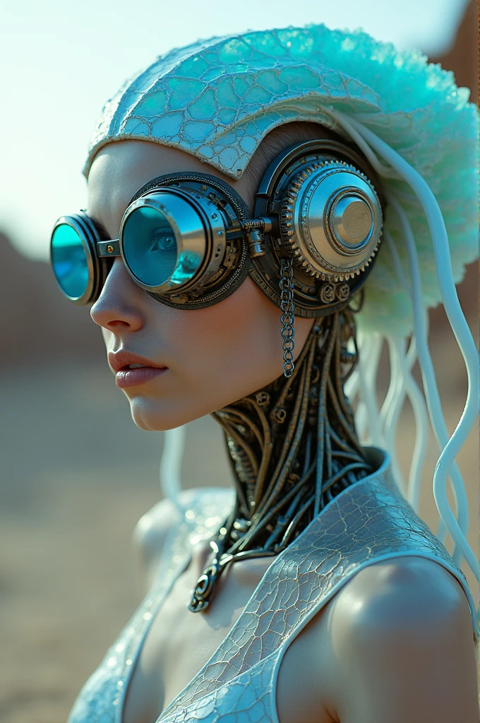 Ethereal cyborg woman, bioluminescent jellyfish headdress. Steampunk goggles blend with translucent tentacles. Cracked porcelain skin meets iridescent scales. Mechanical implants and delicate tendrils intertwine. Human features with otherworldly glow. Dreamy aquatic hues contrast weathered metal. Reflective eyes capture unseen worlds. Soft bioluminescence meets harsh desert backdrop. Fusion of organic and synthetic, ancient and futuristic. Hyper-detailed textures, surreal atmosphere.