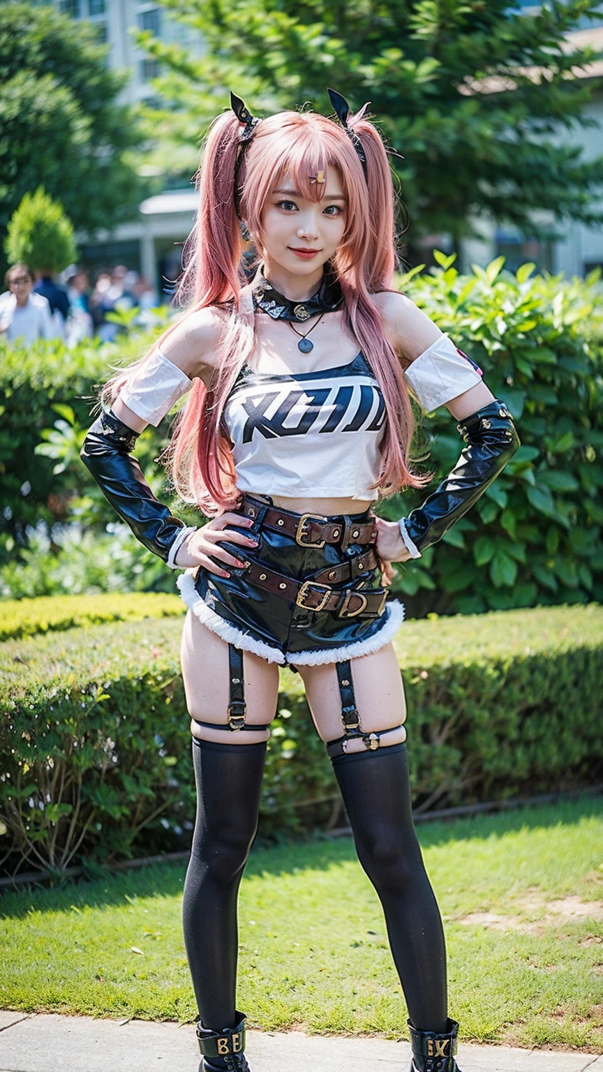 (8k、RAW Photos、Highest quality、masterpiece:1.2)、(Realistic、Realistic)、1 girl、((Pink Hair、Twin tails、mini skirt、Tube top、black、Thin legs、whole body、boots、one piece、tights、View from the front、Looking into the camera、belt、Stand with hands on hips))、cute