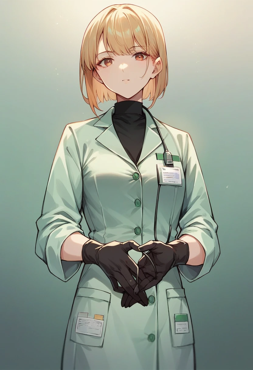 1girl, bangs, ((black medical gloves)), ((((long sleeves)))), looking at viewer, ((green doctor outfit)), standing, solo