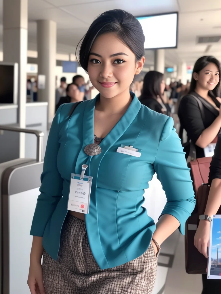 1girl, solo, 19 years old, standing in the middle of a large airport, thick medium breasts, semi-curvy body, smooth realistic skin, cute little smirk, wearing flight attendant uniform, looking at the audience, (overhead shot:1.2), (zoom out:1.4), (8k, RAW photo, best quality, masterpiece: 1.4), (realistic, realistic: 1.37), ultra-high resolution, cowboy shot