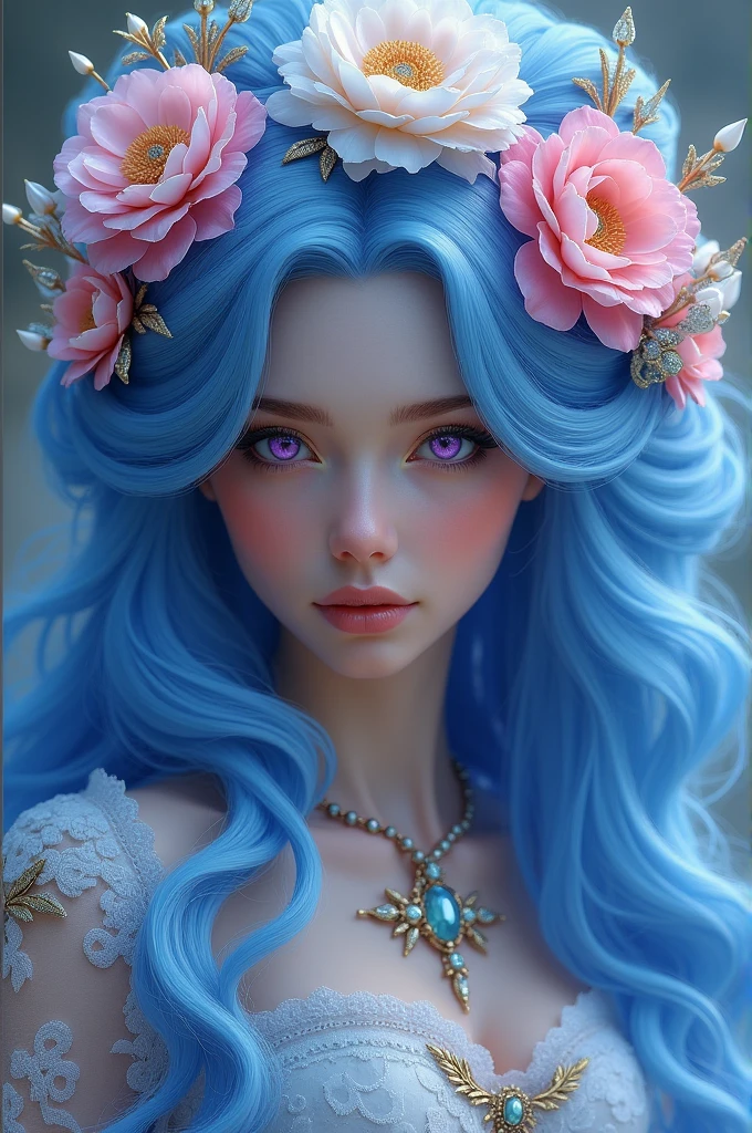 tmasterpiece，Highest high resolution，((magic orb))，Dynamic bust of a beautiful aristocratic maiden，Blue hair is gracefully curled，（(Wearing a crown of huge flowers))，Purple clear eyes，(((Hair is covered with beautiful and delicate floral craftsmanship, Crystal Jewelry Filigree)))，Ultra-detailed details，upscaled，The Earth Rises。