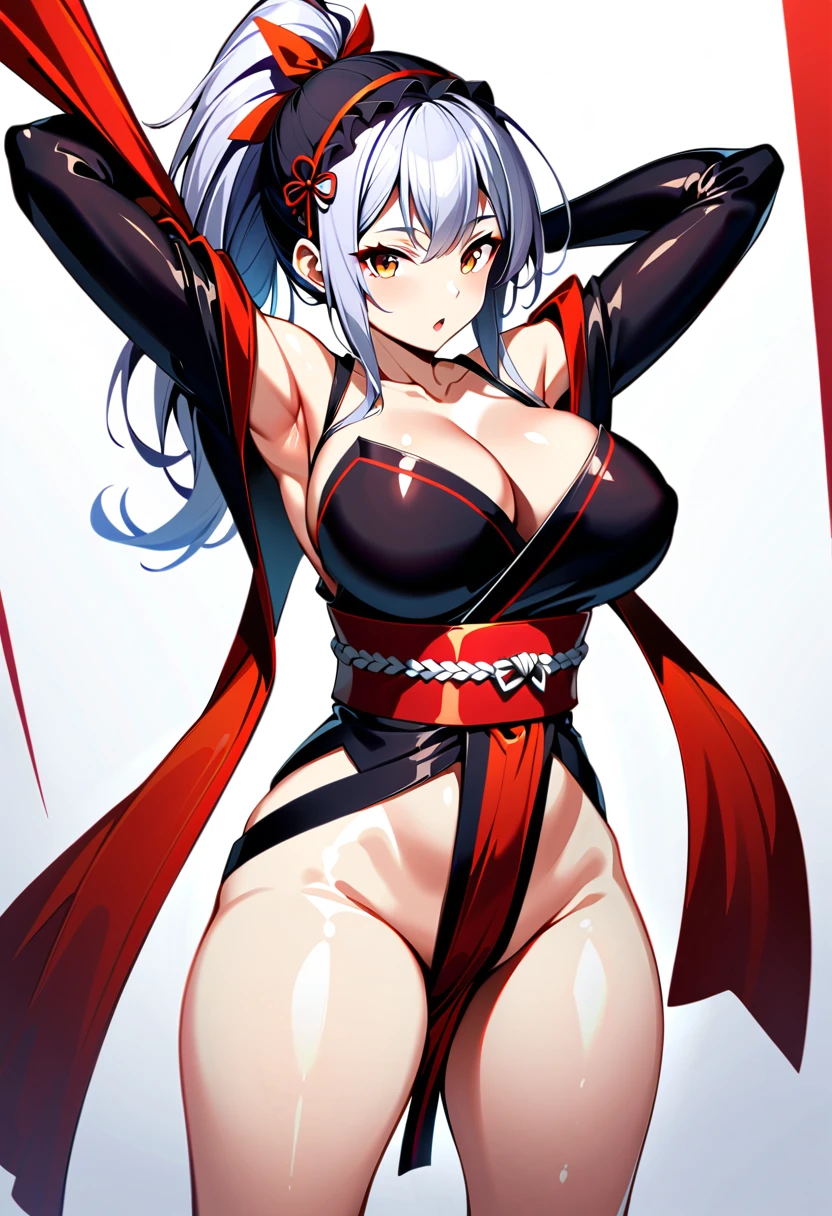 One girl, long hair, slightly large breasts, (slightly large breasts: 1.4), thick thighs, (thick thighs: 1.2), silver hair, golden eyes, frilly hairband, white background, cleavage, exposed shoulders, brown eyes, standing, collarbone, full body, ponytail, thighs, open lips, kimono, shiny, arms up, shiny hair, shiny skin, open bangs, obi, high ponytail, revealing clothing, rope, pelvic curtain, ninja, back view