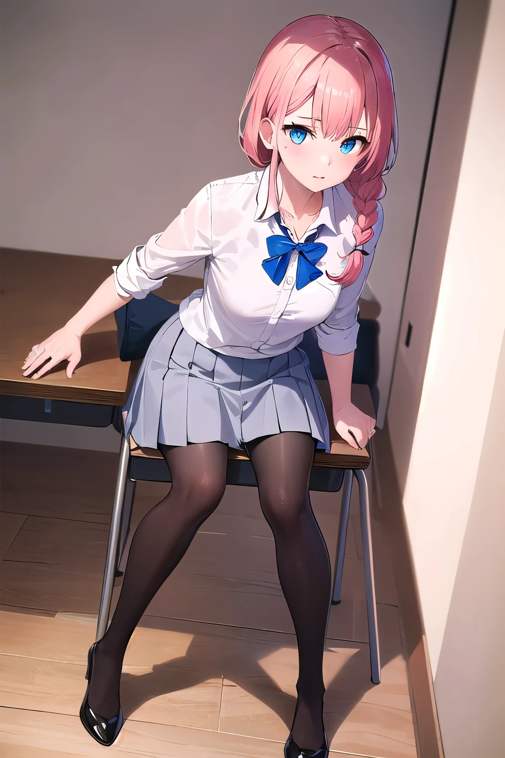 "1girl, incredibly detailed 8k cg, flawless model, mesmerizing idol, stunning face, ethereal beauty, pristine white hair, ring braids, captivating blue eyes,  Kakegurui ,  redblazer, white shirt, pleated grey skirt,  brown pantyhose, sat on desk  , full body, pink hair
