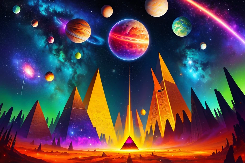psychedelic style, space themed album cover, apocalyptic composition, pyramids, planets in the sky, deep green forest, meteor shower, nebula, colorful luminous particles, devoid of humans vibrant colors, swirling patterns, abstract shapes, surreal, trippy