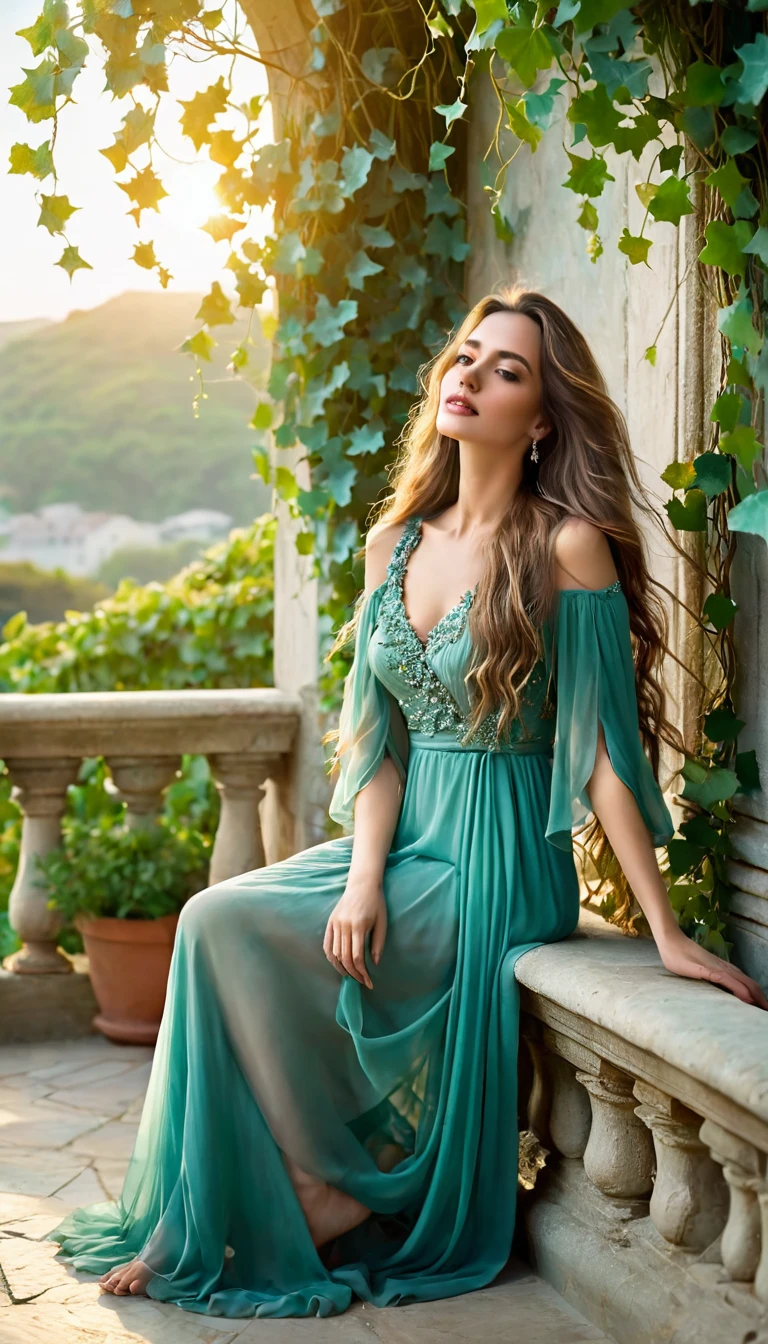 An elegant woman sitting on a vine-encrusted stone balcony, looking at the camera, the strands of her long hair waving casually and rhythmically in the breeze, wrapped in a pastel teal dress falling delicately to the ground, vines embellishing the edges of her stone perch, setting sun, ethereal atmosphere, aided by natural light, volumetric and ultra-fine details, cinematic impression.