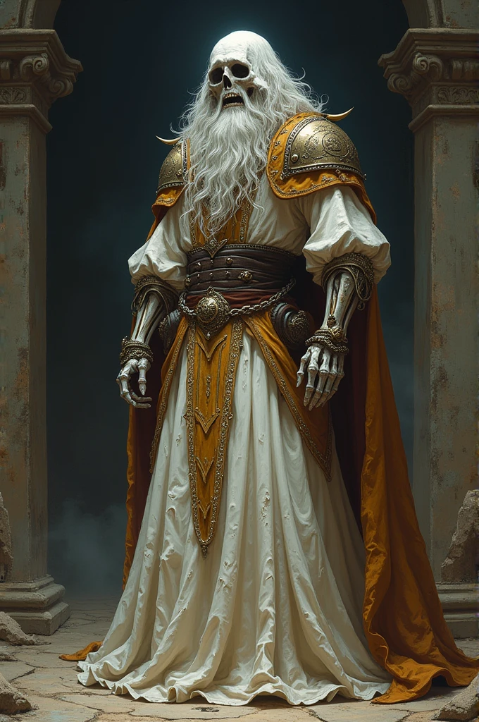 fantasy painting of an evil male lich in an opulent but worn out white baroque dress with tan and brown accents and a crinoline. an undead skeleton necromancer holding a magic scepter. A grimoire hangs chained to his leather belt. evil laughter. he's wearing a , jewelry, metal pauldrons. skeleton hands. cel shading, dark fantasy, full length portrait, ancient, weathered, worn out clothing, dusty, dirty, rugged, dark background