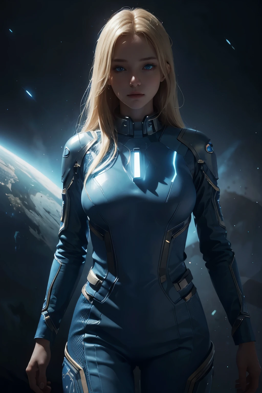 a blonde and blue-eyed beauty in a cosmic space jumpsuit, highly detailed, photorealistic, 8k, masterpiece, hyperrealistic, ultra-detailed skin, intricate details, dramatic lighting, volumetric fog, nebula background, glowing energy effects, cinematic composition, epic sci-fi atmosphere
