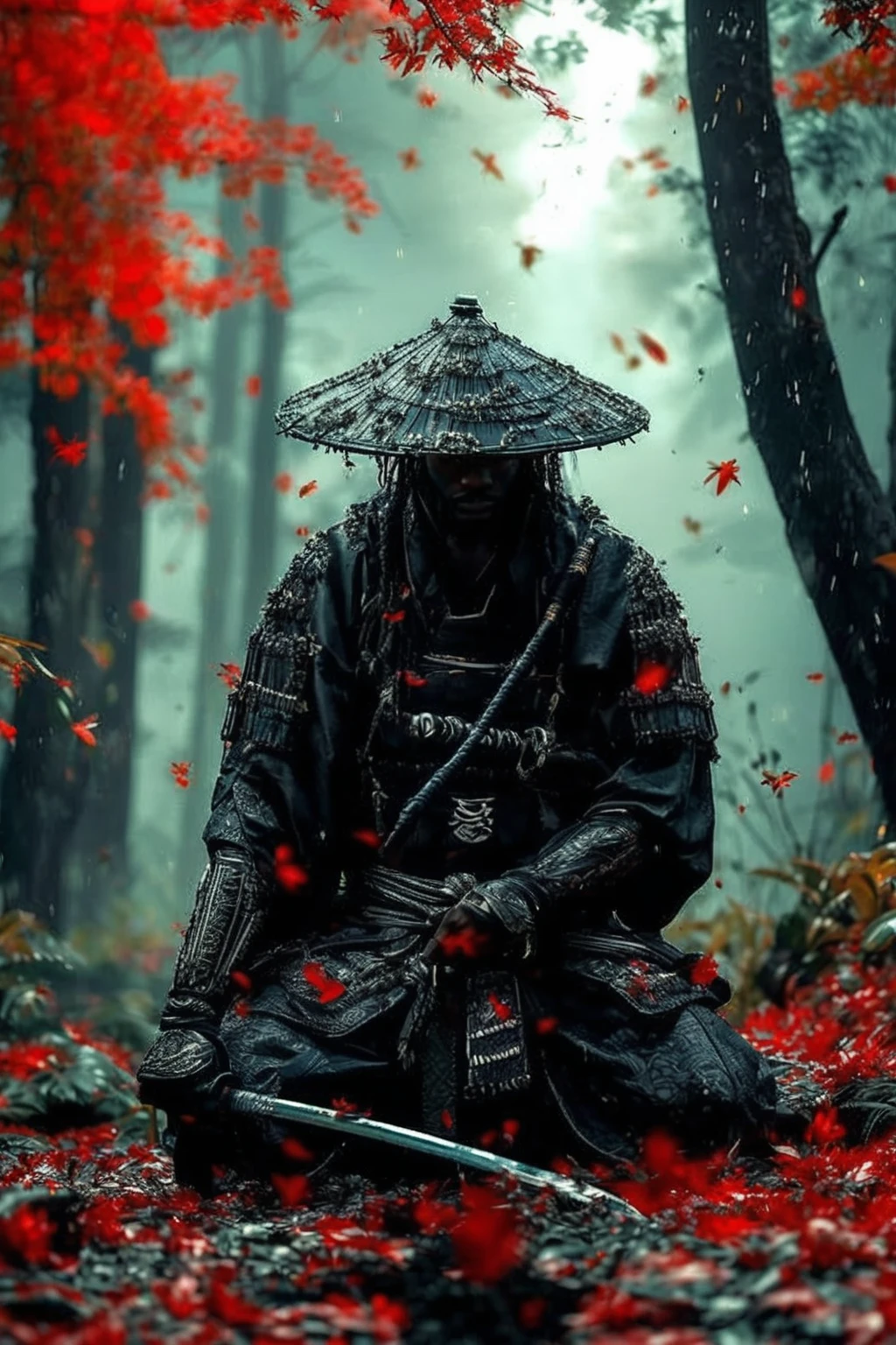 A black man samurai in a neon lit banana plantation, night time with a blue moon in the sky, with fireflies glowing in the scene providing a beautiful cinematic scene, 32k, ultra HD, unreal engine 5 rendered, photorealistic image 