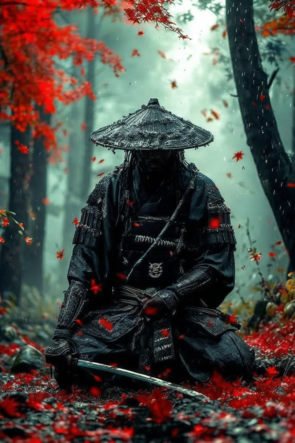 A black man samurai in a neon lit banana plantation, night time with a blue moon in the sky, with fireflies glowing in the scene providing a beautiful cinematic scene, 32k, ultra HD, unreal engine 5 rendered, photorealistic image