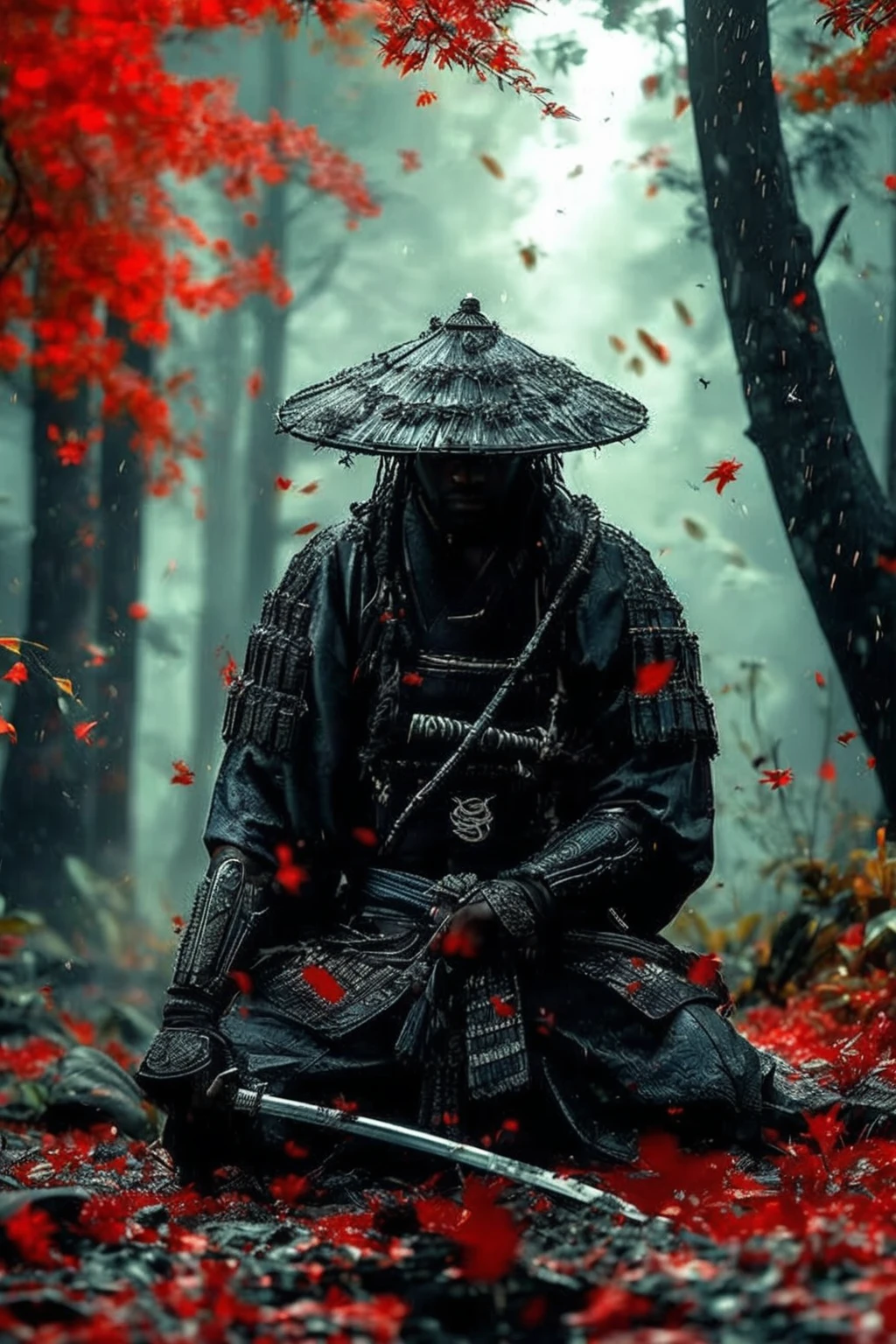 A black man samurai in a neon lit banana plantation, night time with a blue moon in the sky, with fireflies glowing in the scene providing a beautiful cinematic scene, 32k, ultra HD, unreal engine 5 rendered, photorealistic image 