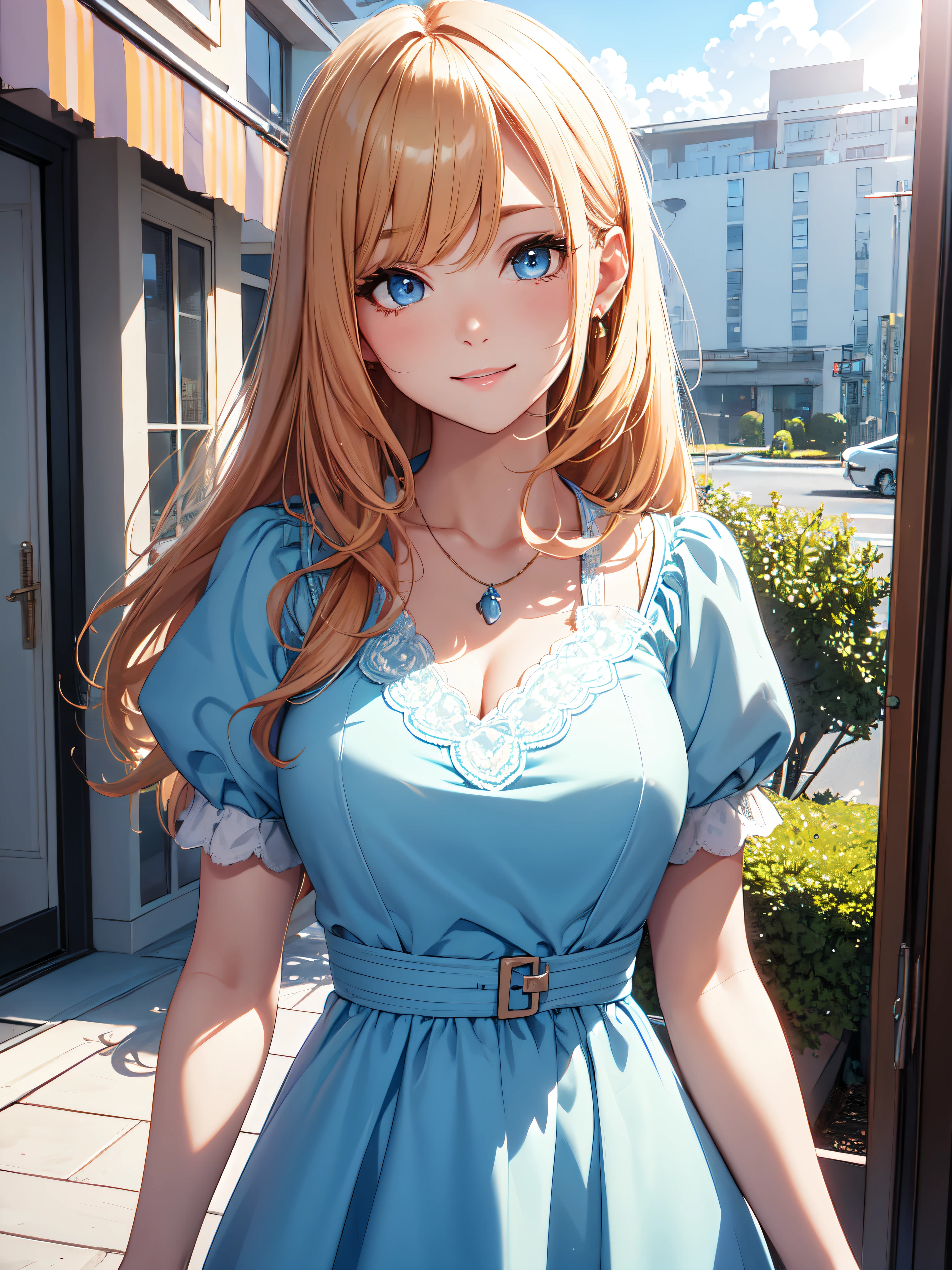 ((masterpiece)), ((best quality)), (ultra-detailed), ((kawaii)), (cuovely), ((cinematic light)), ((extremely detailed)), (8K), best quality, (beautiful), anime style, upper body, from above, ((Standing near the hotel window)), in the room, cute girl, 1girl, solo, ((wearing a cute light blue dress, short sleeves)), necklace, beautiful ginger hair, beautiful blue eyes)), white-skinned, long hair, parted bangs, large breast, light smile, lens flare