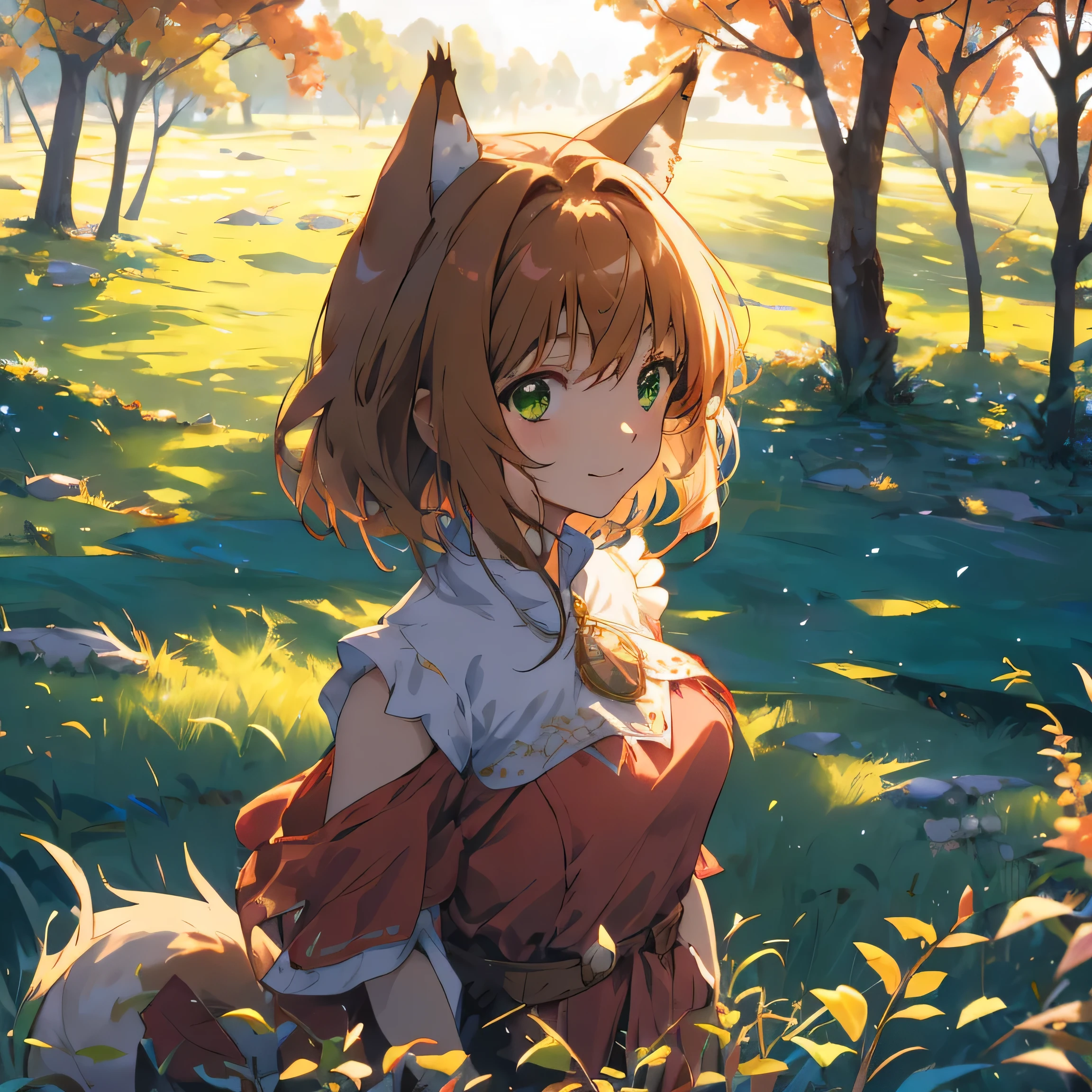 master piece, Best Quality, A high resolution, top-quality, Anime style, The best lighting, Beautiful face, kinomoto sakura, 1woman, tall, 30 years old, large breasts, light brown hair, very Short hair, shoulder length hair, Antenna Hair, Green eyes, frills, dynamic angle, wolf ears and tail, confident smile, vibrant colors, green meadows, , looking at viewer, green grass, open plains, trees in the distance, blue skies,