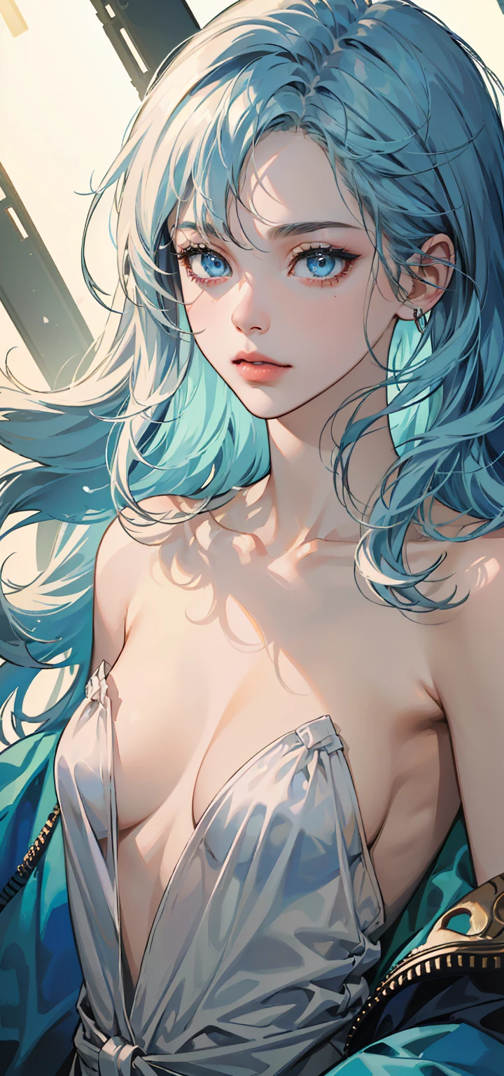 (((masterpiece))), (((best quality))), ((ultra-detailed)), (highly detailed CG illustration), ((an extremely delicate and beautiful)), cinematic light,((1girl)), solo, (upper body), (character focus), absurdres, high contrast, extreme detailed, colorful, highest detailed, science fiction, (light blue hair), blue eyes, broad bare chest, topless, add detail,