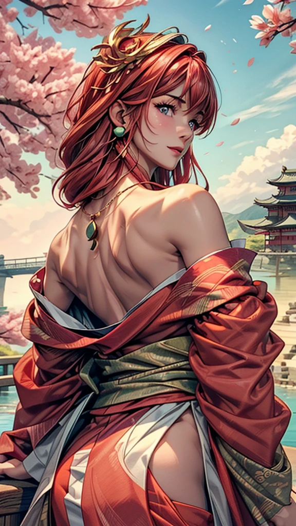 nsfw, (8K, RAW photo, highest quality, masterpiece:1.2、RAW photo)、portrait, ((solo;1.3)), takashirohiroko, round green earrings, High resolution RAW color photos, professional photos、(Angle from a long distance:1.1)、(Turn around:1.2)、super resolution, (reality, real photos:1.3), Angle from a long distance、super detailed pussy, very detailed and beautiful, very detailed, amazing details、(cute beautiful woman with perfect body:1.4)、fit toned athletic body, full body image, amazing details、cute beautiful woman with perfect body:1.4、shiny skin、glossy lips、High-definition face and skin texture、purple eyes, fine eyes、double eyelid、very detailed、red Hair、long hair、(High definition breasts、happy expression)、(necklace)、(((naked except for Off-the-shoulder kimono:1.3))), on bridge overlooking cherry blossom lined river, Japanese castle looming on the horizon
